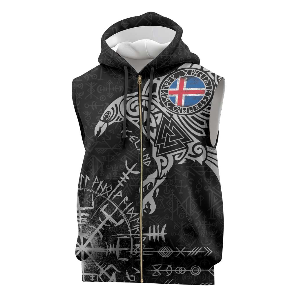 Iceland Viking Ravens Sleeveless Zip Hoodie Vegvisir Runes Pattern - Wonder Print Shop