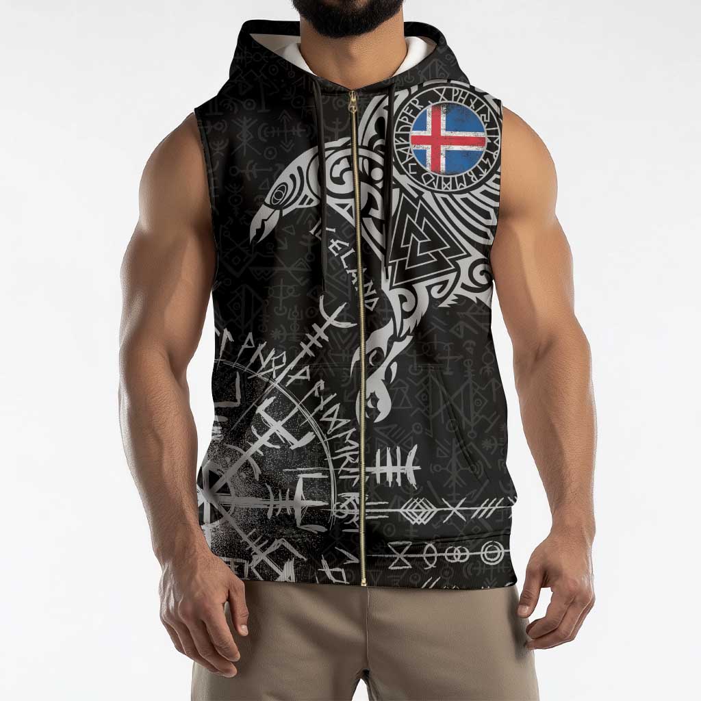 Iceland Viking Ravens Sleeveless Zip Hoodie Vegvisir Runes Pattern - Wonder Print Shop