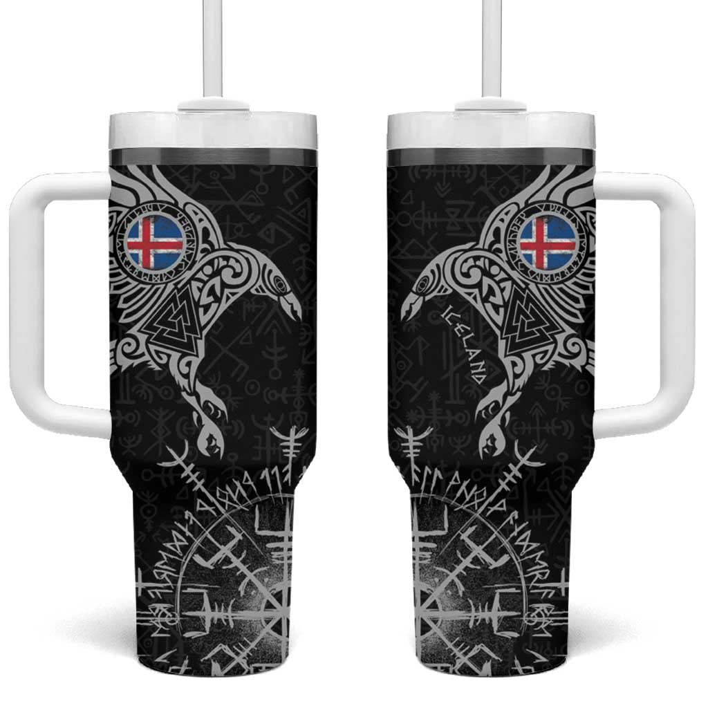 Iceland Viking Ravens Tumbler With Handle Vegvisir Runes Pattern - Wonder Print Shop