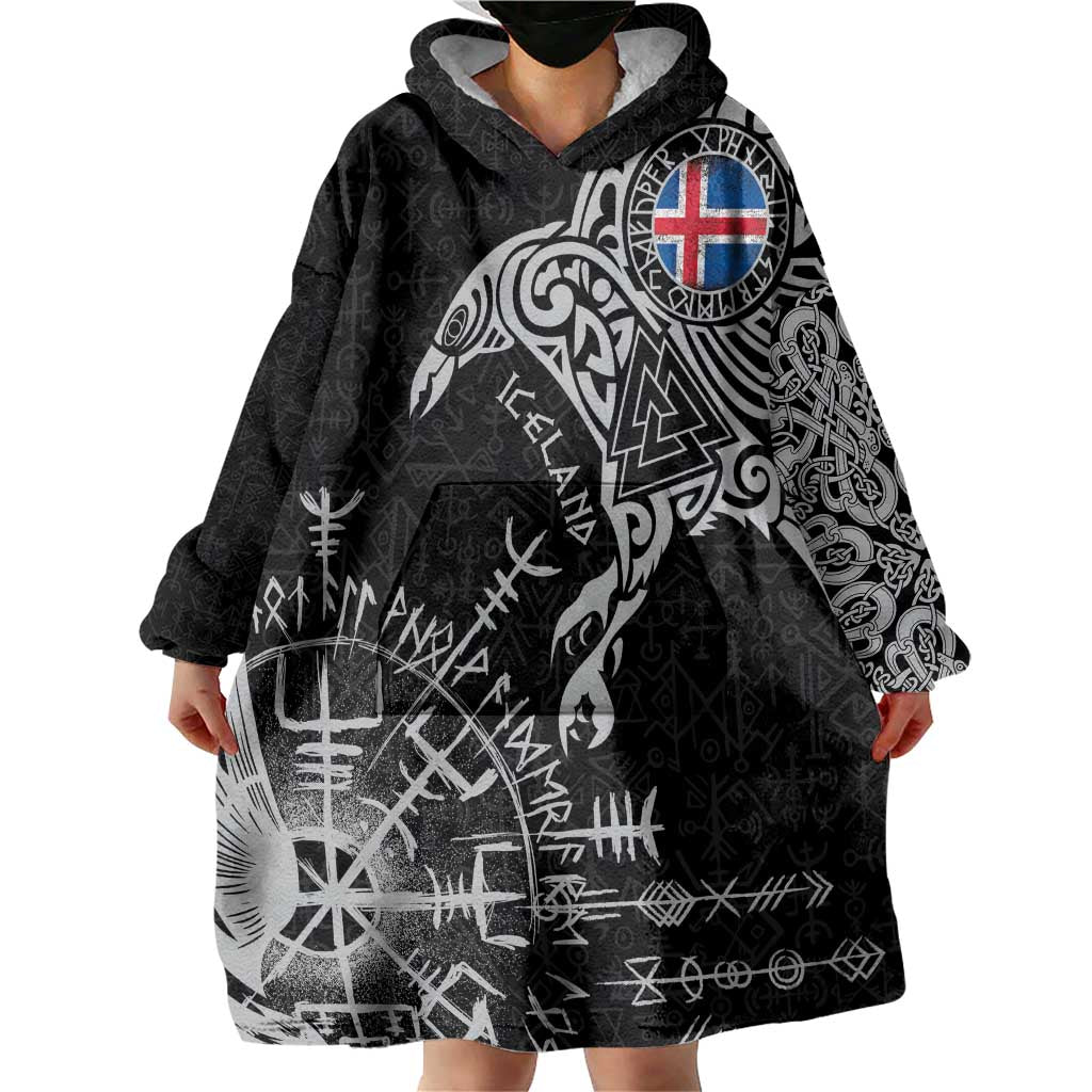 Iceland Viking Ravens Wearable Blanket Hoodie Vegvisir Runes Pattern - Wonder Print Shop