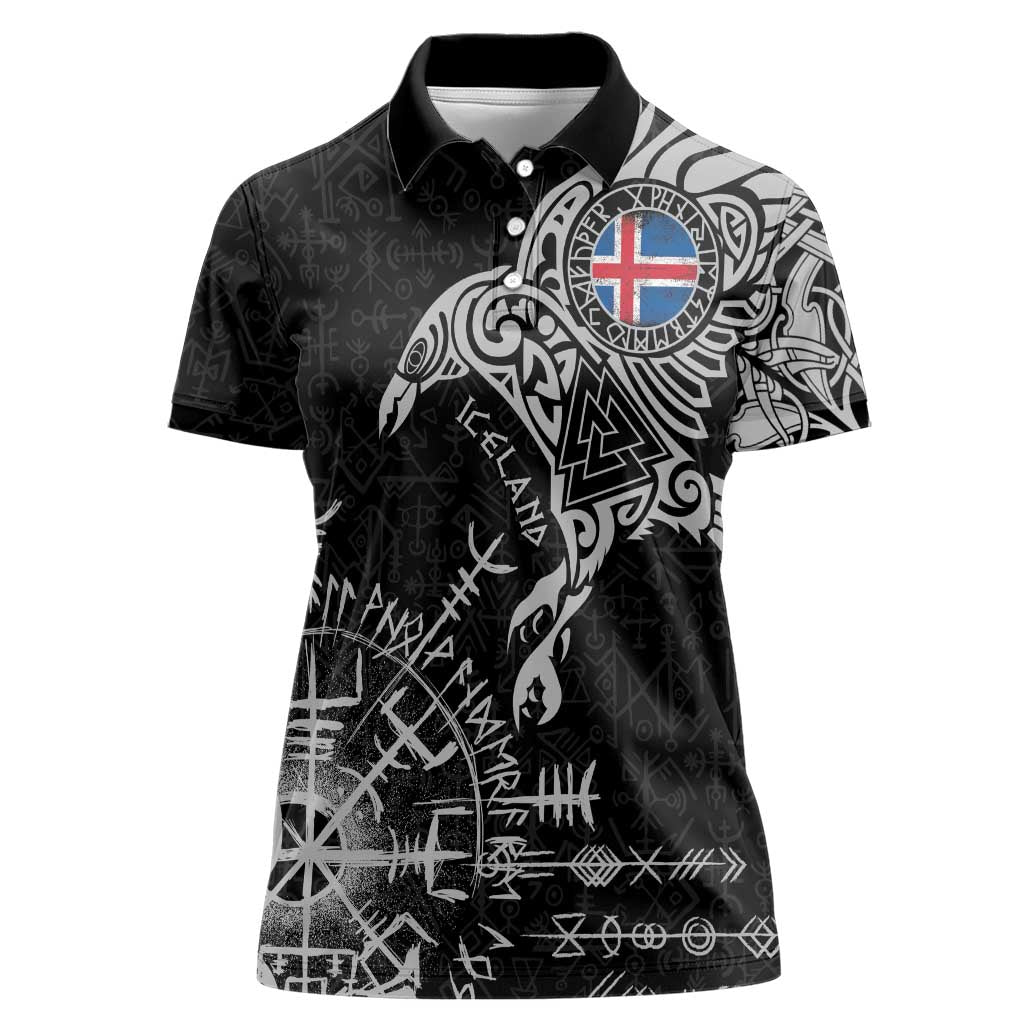 Iceland Viking Ravens Women Polo Shirt Vegvisir Runes Pattern - Wonder Print Shop