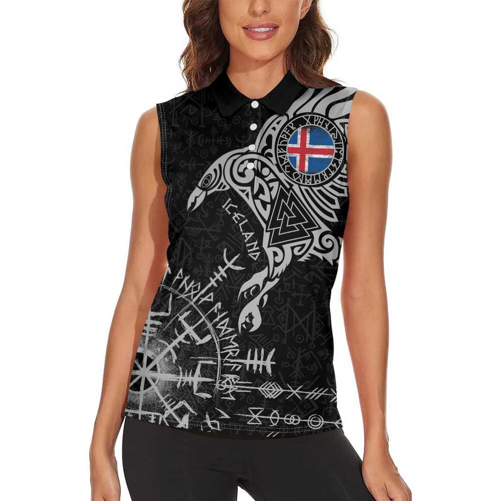 Iceland Viking Ravens Women Sleeveless Polo Shirt Vegvisir Runes Pattern - Wonder Print Shop