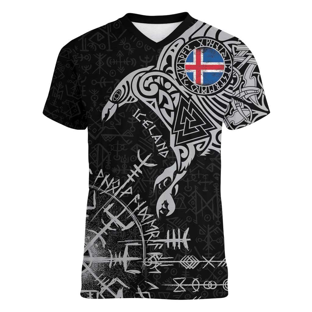 Iceland Viking Ravens Women V-Neck T-Shirt Vegvisir Runes Pattern - Wonder Print Shop