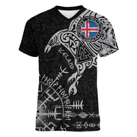 Iceland Viking Ravens Women V-Neck T-Shirt Vegvisir Runes Pattern - Wonder Print Shop