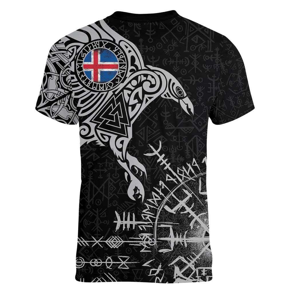 Iceland Viking Ravens Women V-Neck T-Shirt Vegvisir Runes Pattern - Wonder Print Shop