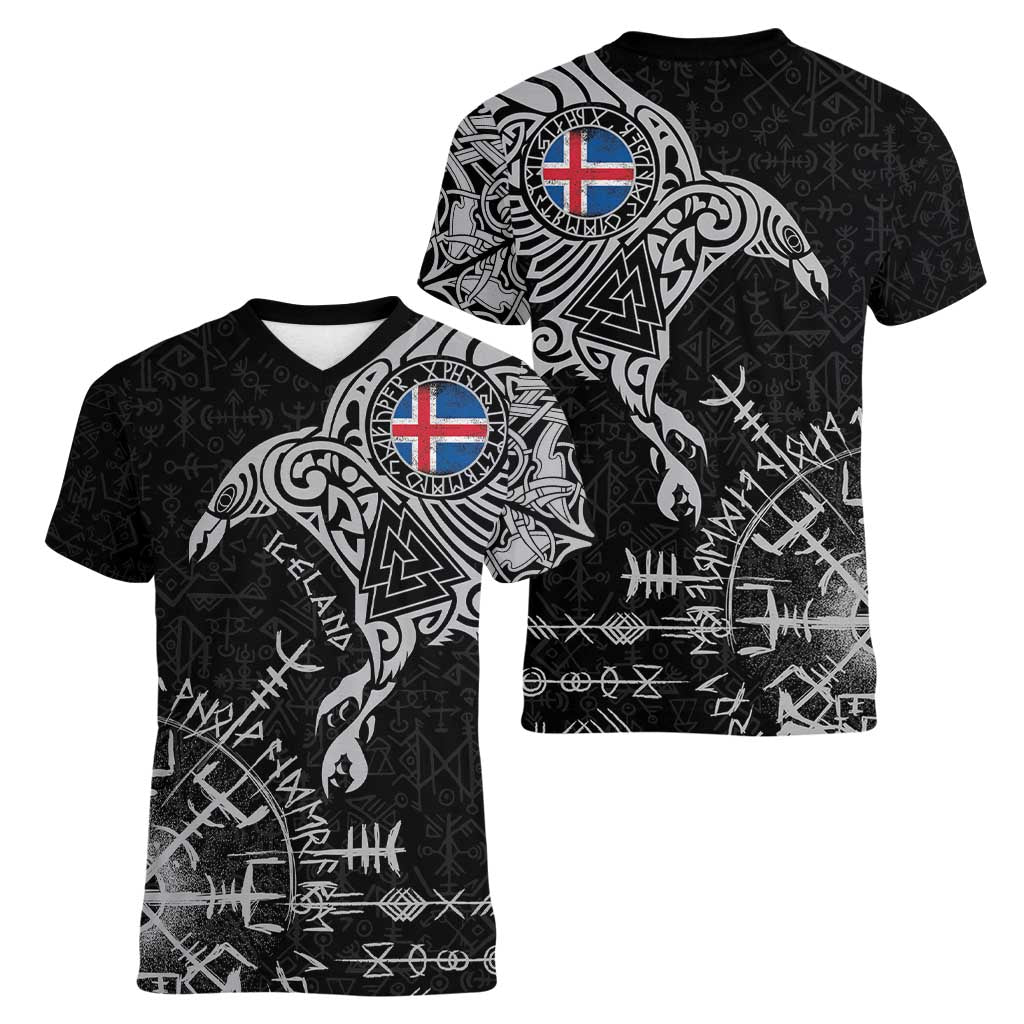 Iceland Viking Ravens Women V-Neck T-Shirt Vegvisir Runes Pattern - Wonder Print Shop