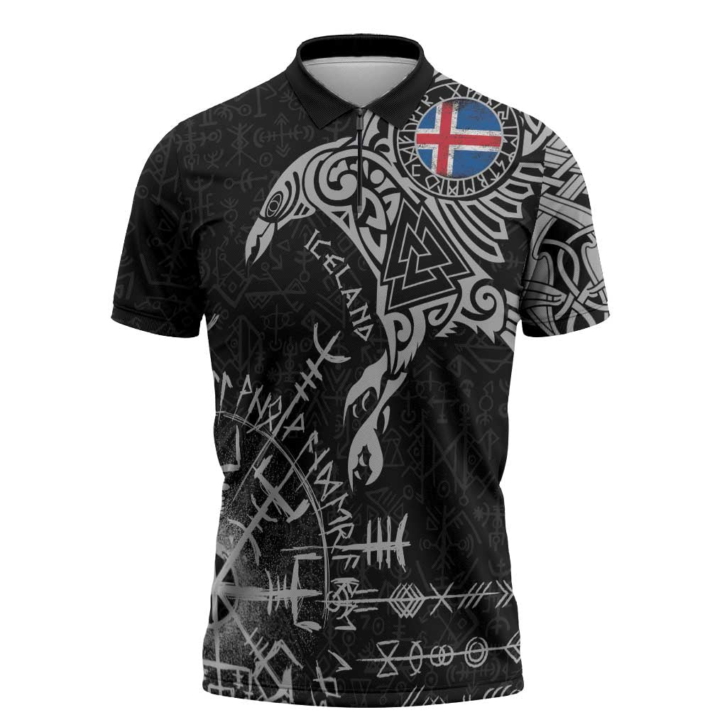 Iceland Viking Ravens Zipper Polo Shirt Vegvisir Runes Pattern - Wonder Print Shop