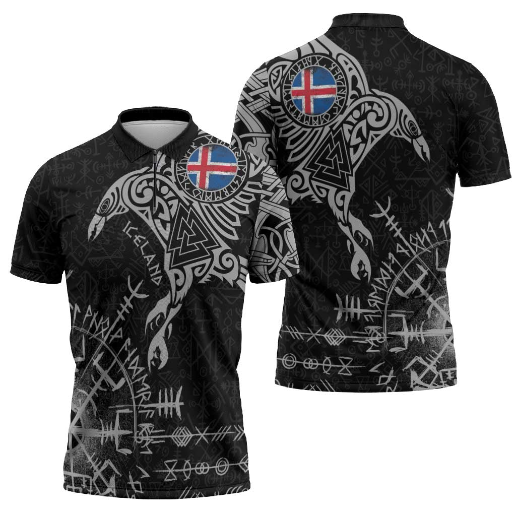 Iceland Viking Ravens Zipper Polo Shirt Vegvisir Runes Pattern - Wonder Print Shop