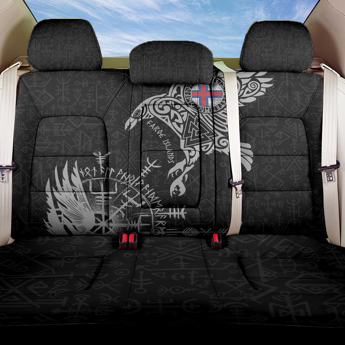 Faroe Islands Viking Ravens Back Car Seat Cover Vegvisir Runes Pattern - Wonder Print Shop