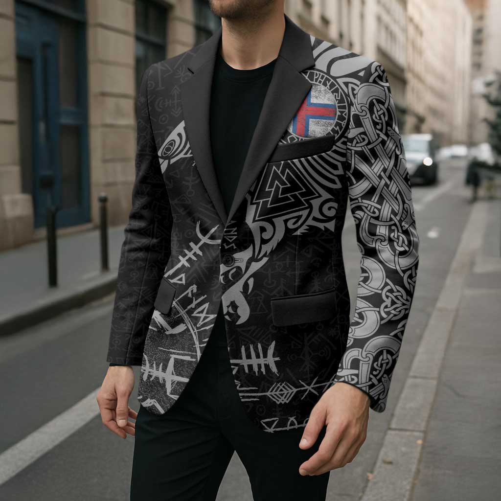 Faroe Islands Viking Ravens Blazer Vegvisir Runes Pattern - Wonder Print Shop