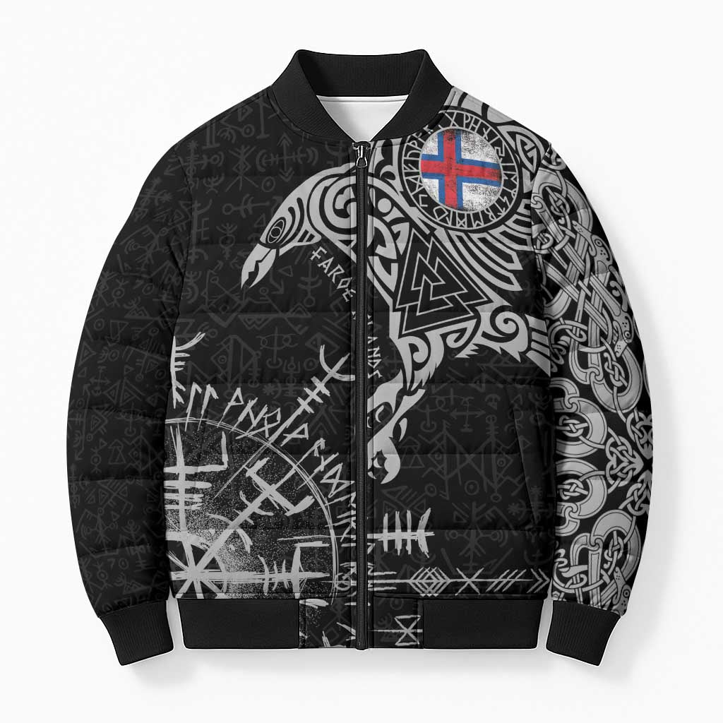 Faroe Islands Viking Ravens Bomber Puffer Jacket Vegvisir Runes Pattern - Wonder Print Shop