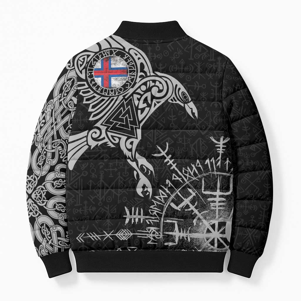 Faroe Islands Viking Ravens Bomber Puffer Jacket Vegvisir Runes Pattern - Wonder Print Shop