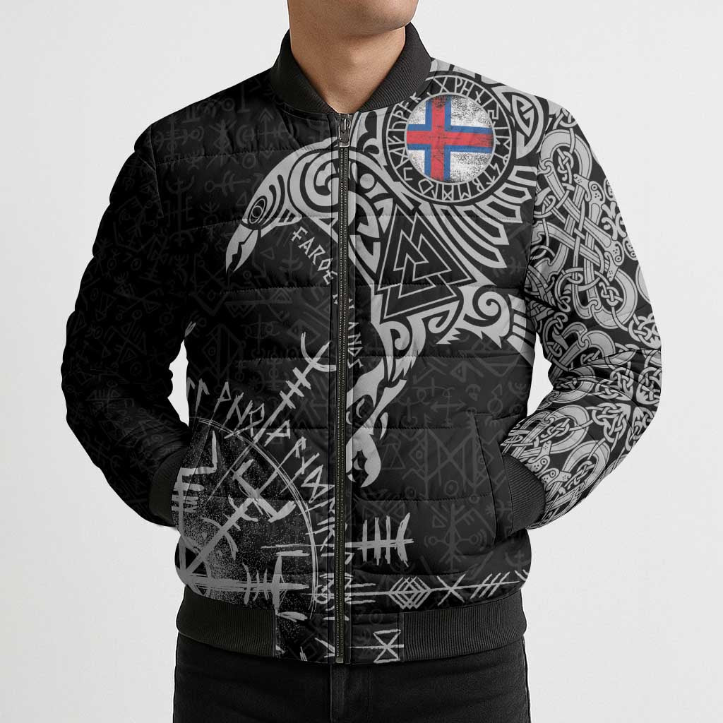 Faroe Islands Viking Ravens Bomber Puffer Jacket Vegvisir Runes Pattern - Wonder Print Shop