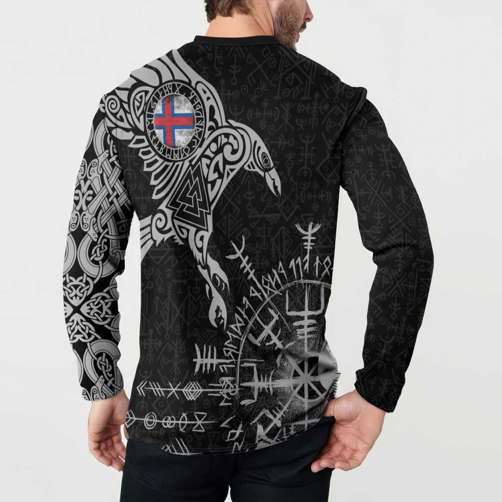 Faroe Islands Viking Ravens Button Sweatshirt Vegvisir Runes Pattern - Wonder Print Shop