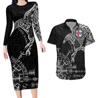 Faroe Islands Viking Ravens Couples Matching Long Sleeve Bodycon Dress and Hawaiian Shirt Vegvisir Runes Pattern - Wonder Print Shop