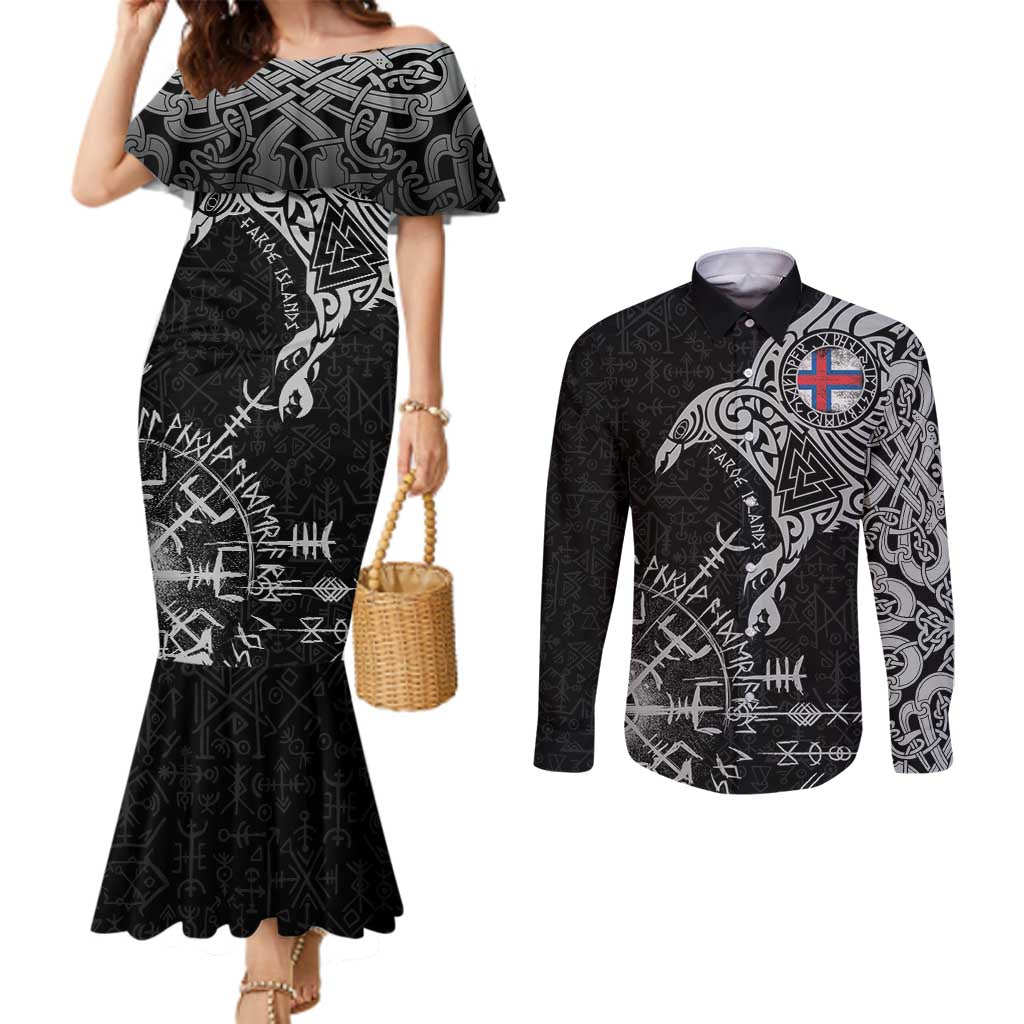 Faroe Islands Viking Ravens Couples Matching Mermaid Dress and Long Sleeve Button Shirt Vegvisir Runes Pattern - Wonder Print Shop