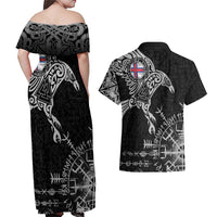 Faroe Islands Viking Ravens Couples Matching Off Shoulder Maxi Dress and Hawaiian Shirt Vegvisir Runes Pattern - Wonder Print Shop