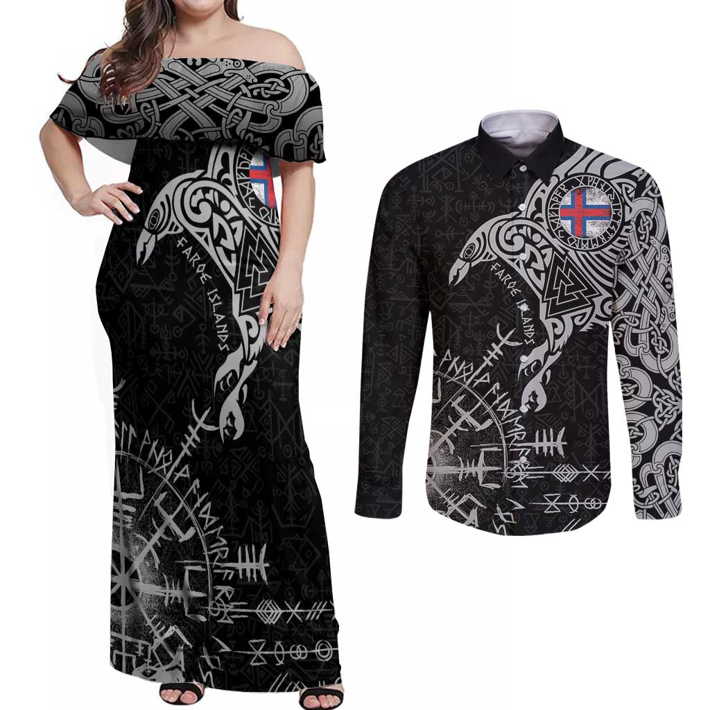 Faroe Islands Viking Ravens Couples Matching Off Shoulder Maxi Dress and Long Sleeve Button Shirt Vegvisir Runes Pattern - Wonder Print Shop