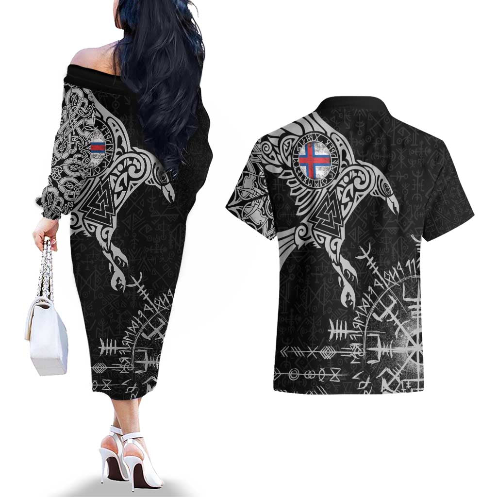 Faroe Islands Viking Ravens Couples Matching Off The Shoulder Long Sleeve Dress and Hawaiian Shirt Vegvisir Runes Pattern - Wonder Print Shop