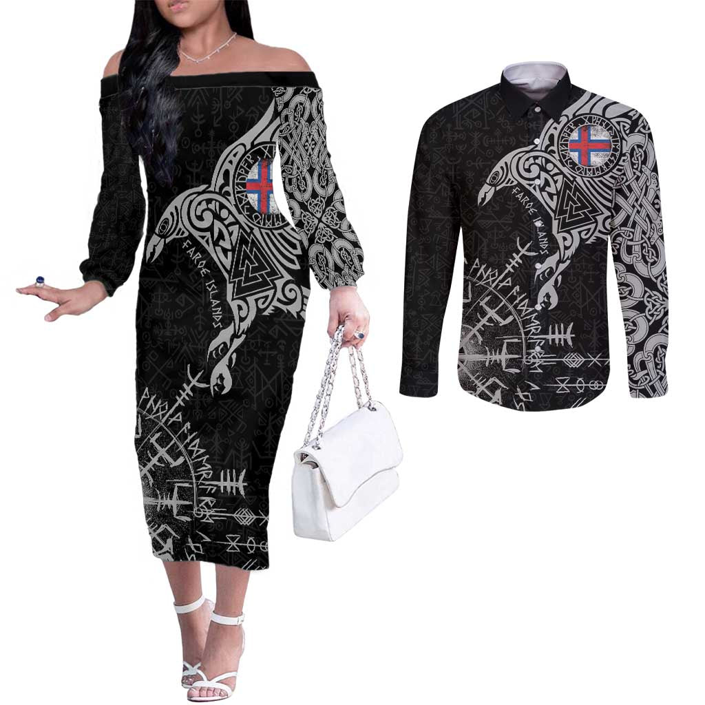 Faroe Islands Viking Ravens Couples Matching Off The Shoulder Long Sleeve Dress and Long Sleeve Button Shirt Vegvisir Runes Pattern - Wonder Print Shop