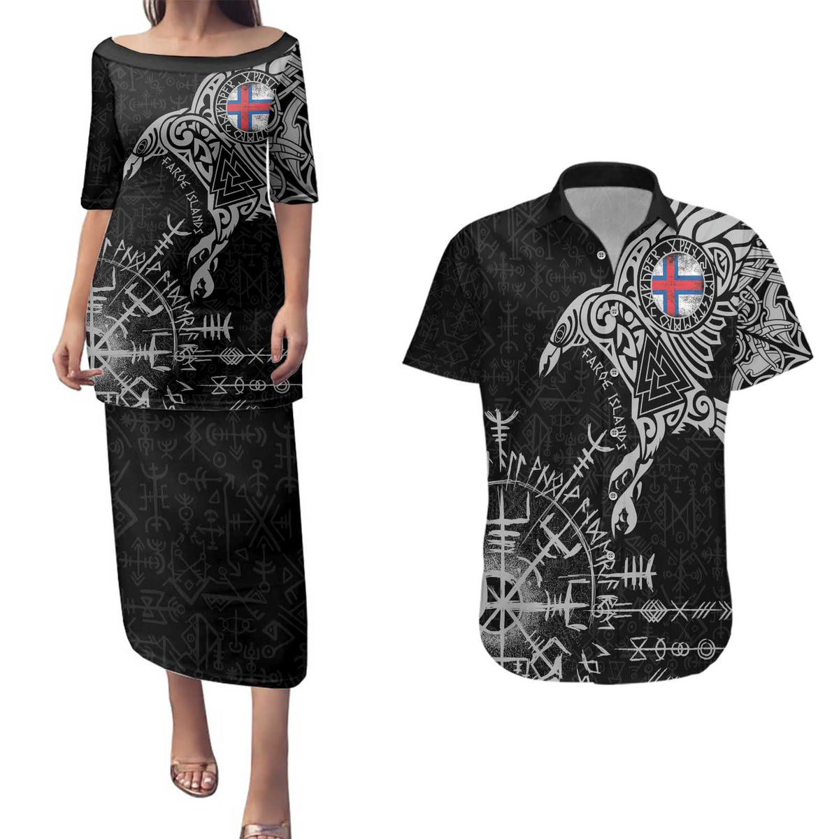 Faroe Islands Viking Ravens Couples Matching Puletasi and Hawaiian Shirt Vegvisir Runes Pattern - Wonder Print Shop