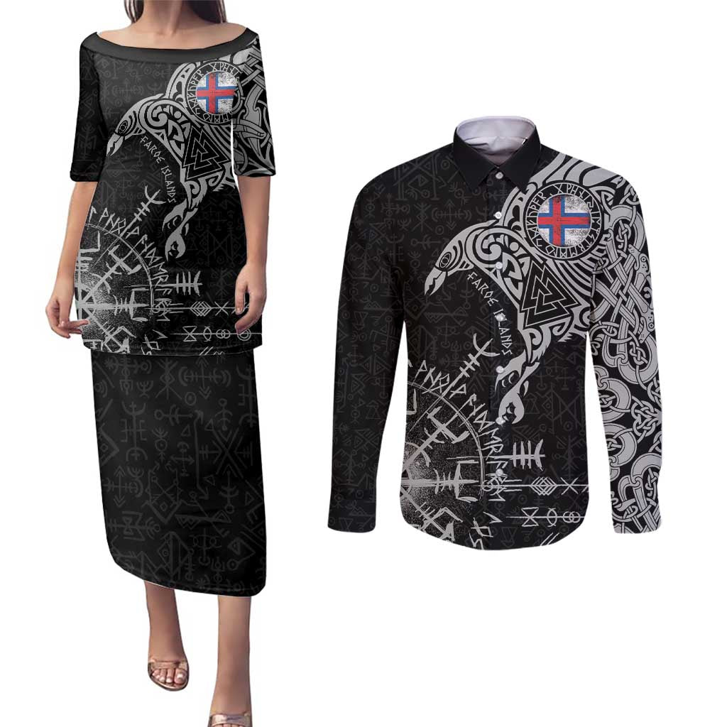 Faroe Islands Viking Ravens Couples Matching Puletasi and Long Sleeve Button Shirt Vegvisir Runes Pattern - Wonder Print Shop