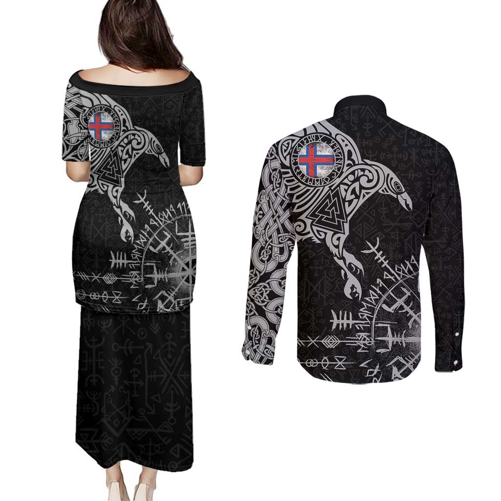 Faroe Islands Viking Ravens Couples Matching Puletasi and Long Sleeve Button Shirt Vegvisir Runes Pattern - Wonder Print Shop