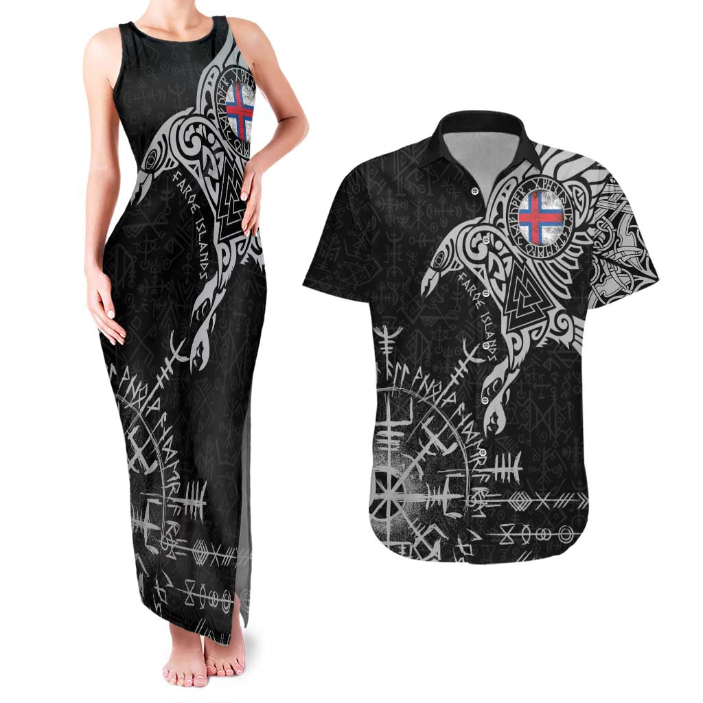 Faroe Islands Viking Ravens Couples Matching Tank Maxi Dress and Hawaiian Shirt Vegvisir Runes Pattern - Wonder Print Shop