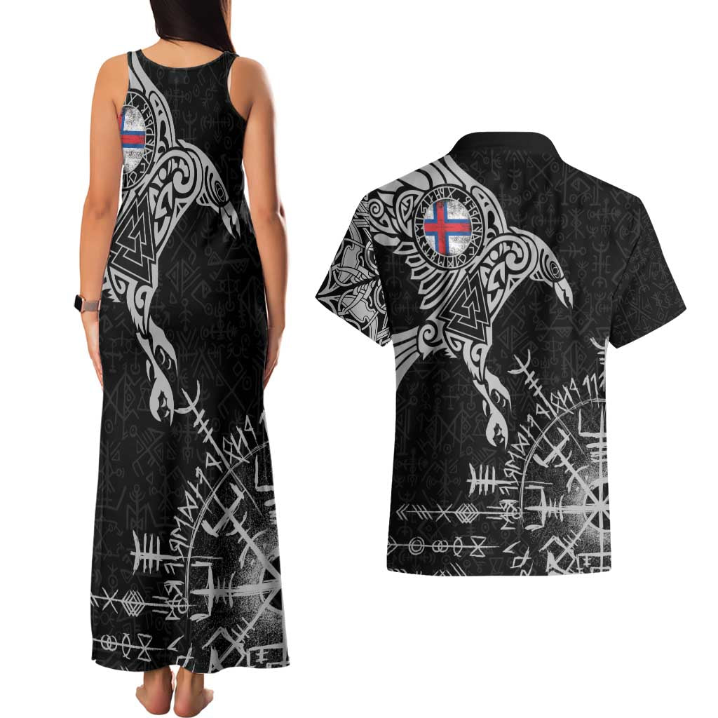 Faroe Islands Viking Ravens Couples Matching Tank Maxi Dress and Hawaiian Shirt Vegvisir Runes Pattern - Wonder Print Shop