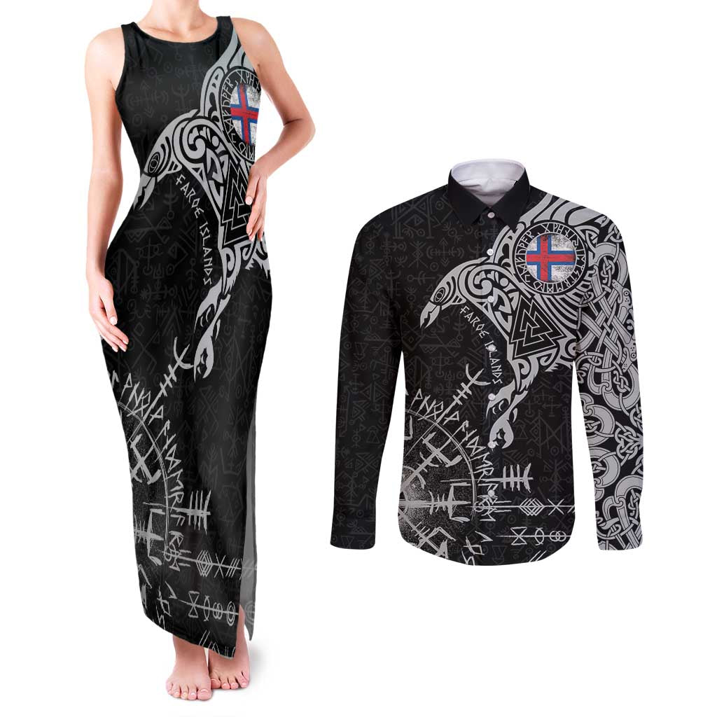 Faroe Islands Viking Ravens Couples Matching Tank Maxi Dress and Long Sleeve Button Shirt Vegvisir Runes Pattern - Wonder Print Shop
