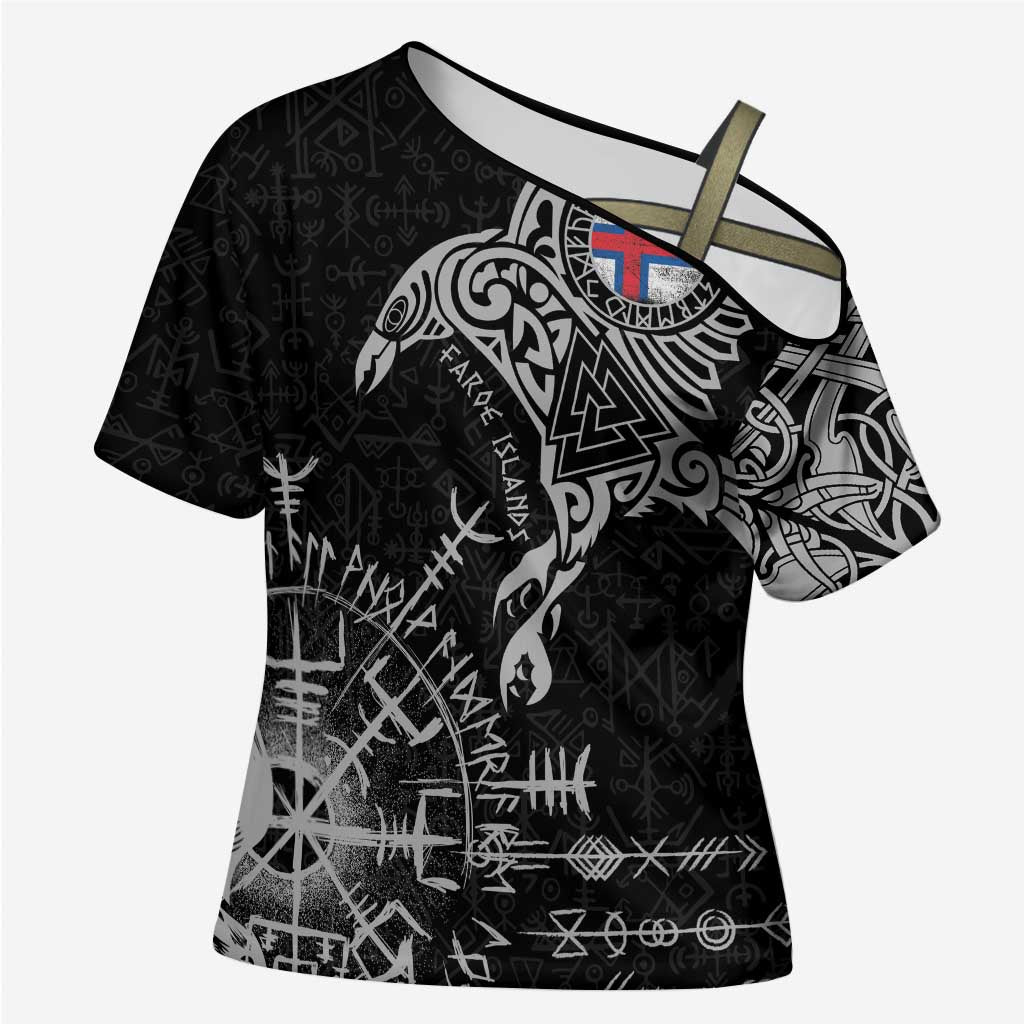 Faroe Islands Viking Ravens Cross Shoulder Shirt Vegvisir Runes Pattern - Wonder Print Shop