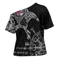 Faroe Islands Viking Ravens Cross Shoulder Shirt Vegvisir Runes Pattern - Wonder Print Shop