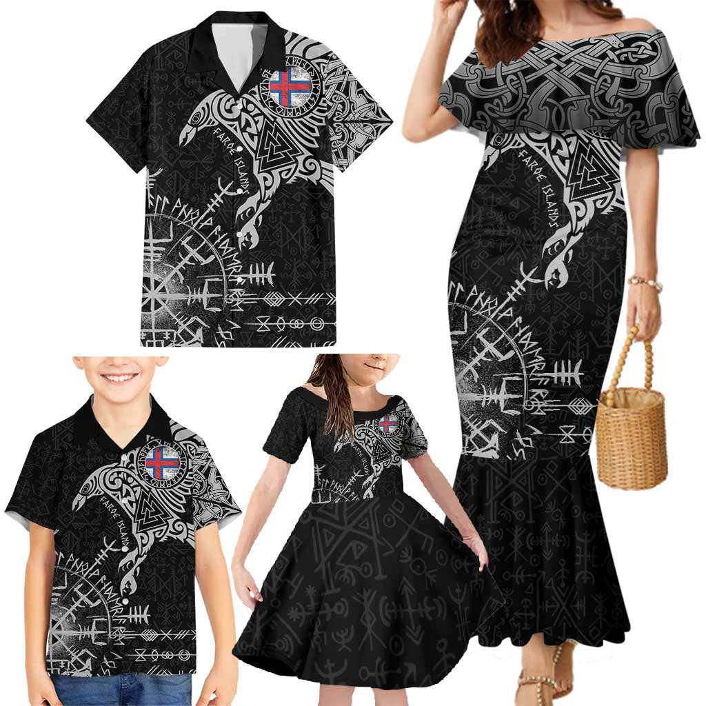 Faroe Islands Viking Ravens Family Matching Mermaid Dress and Hawaiian Shirt Vegvisir Runes Pattern - Wonder Print Shop