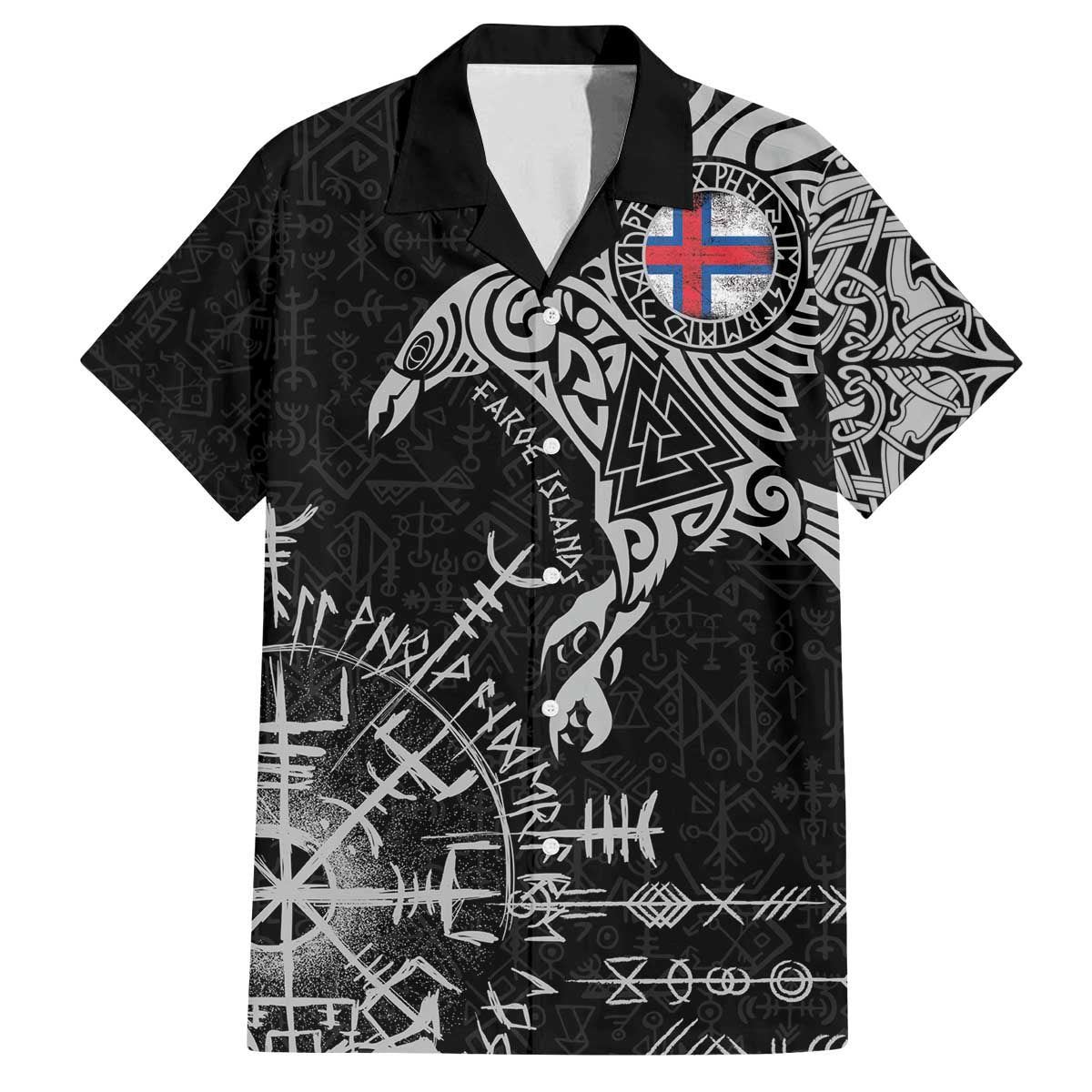 Faroe Islands Viking Ravens Family Matching Off The Shoulder Long Sleeve Dress and Hawaiian Shirt Vegvisir Runes Pattern - Wonder Print Shop