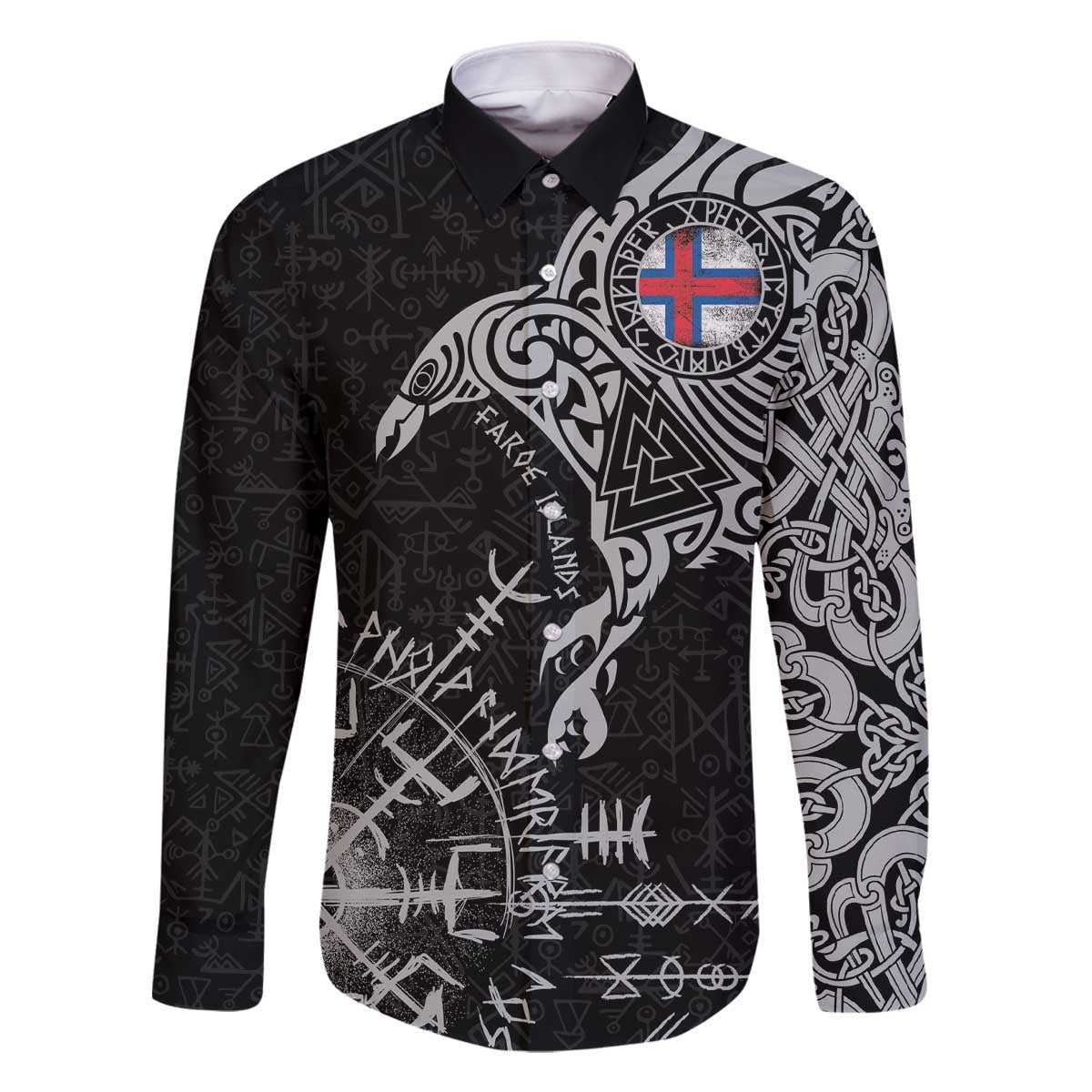 Faroe Islands Viking Ravens Family Matching Off The Shoulder Long Sleeve Dress and Hawaiian Shirt Vegvisir Runes Pattern - Wonder Print Shop