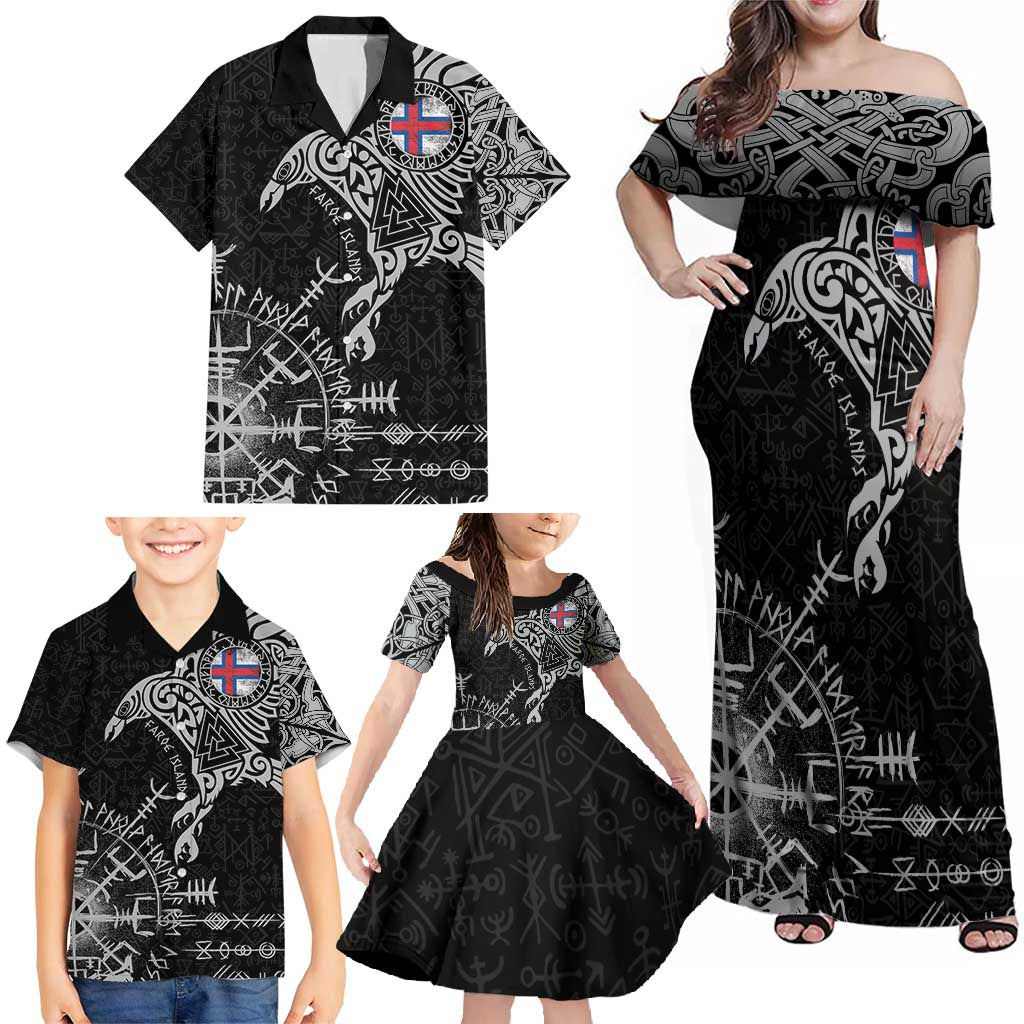 Faroe Islands Viking Ravens Family Matching Off Shoulder Maxi Dress and Hawaiian Shirt Vegvisir Runes Pattern - Wonder Print Shop