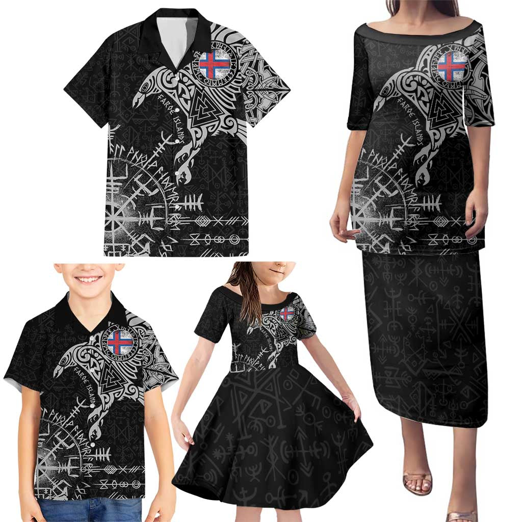 Faroe Islands Viking Ravens Family Matching Puletasi and Hawaiian Shirt Vegvisir Runes Pattern - Wonder Print Shop