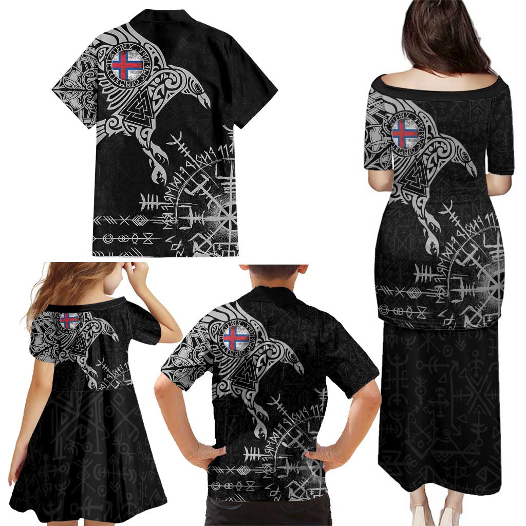 Faroe Islands Viking Ravens Family Matching Puletasi and Hawaiian Shirt Vegvisir Runes Pattern - Wonder Print Shop
