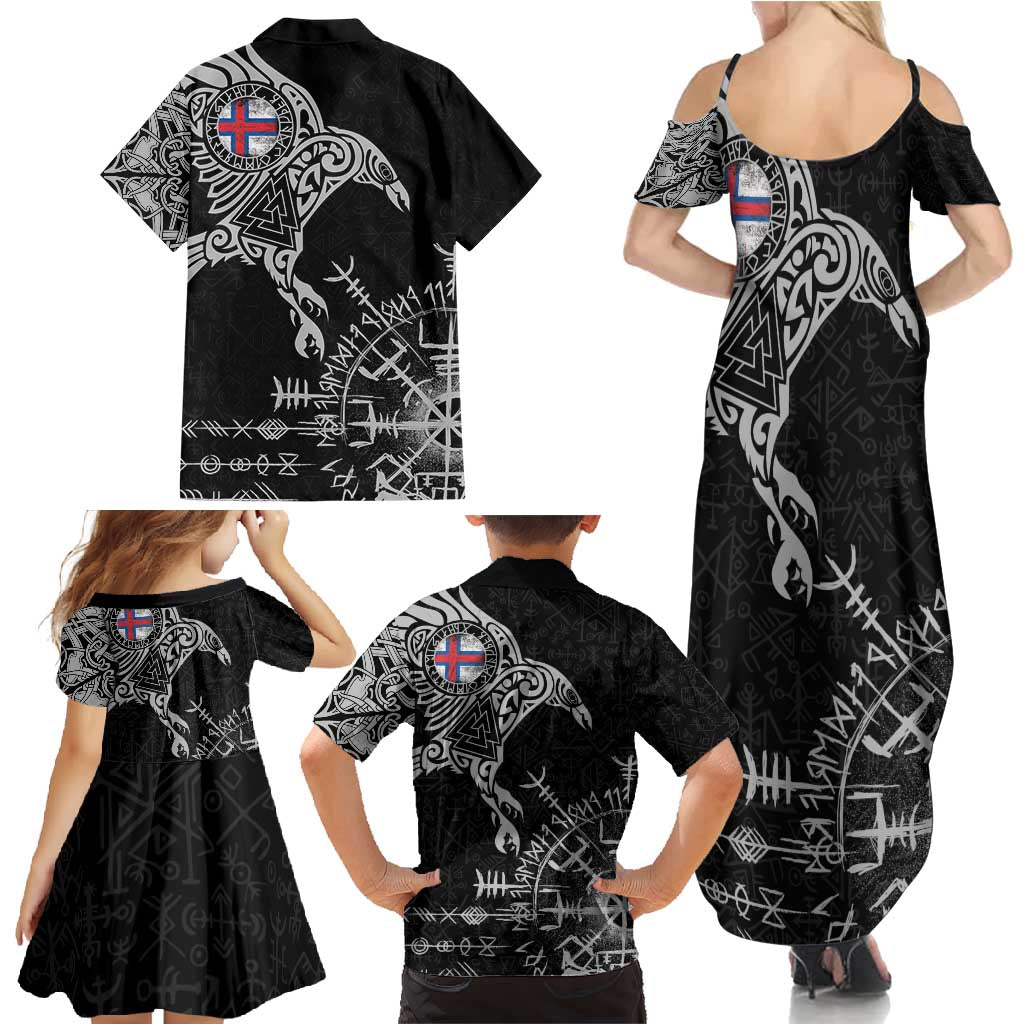 Faroe Islands Viking Ravens Family Matching Summer Maxi Dress and Hawaiian Shirt Vegvisir Runes Pattern - Wonder Print Shop