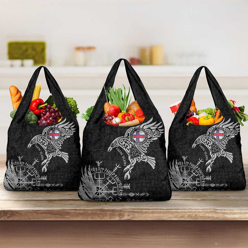 Faroe Islands Viking Ravens Grocery Bag Vegvisir Runes Pattern - Wonder Print Shop
