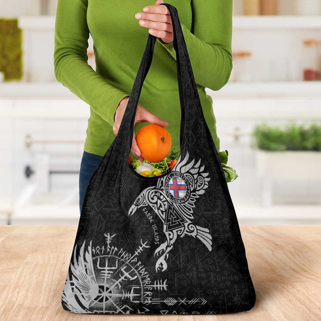 Faroe Islands Viking Ravens Grocery Bag Vegvisir Runes Pattern - Wonder Print Shop