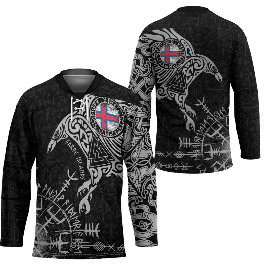 Faroe Islands Viking Ravens Hockey Jersey Vegvisir Runes Pattern - Wonder Print Shop