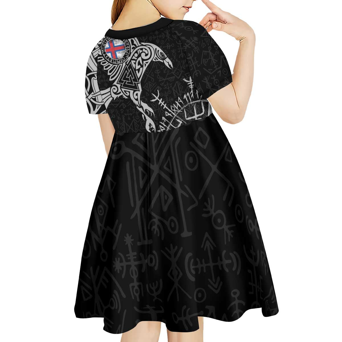 Faroe Islands Viking Ravens Kid Short Sleeve Dress Vegvisir Runes Pattern - Wonder Print Shop