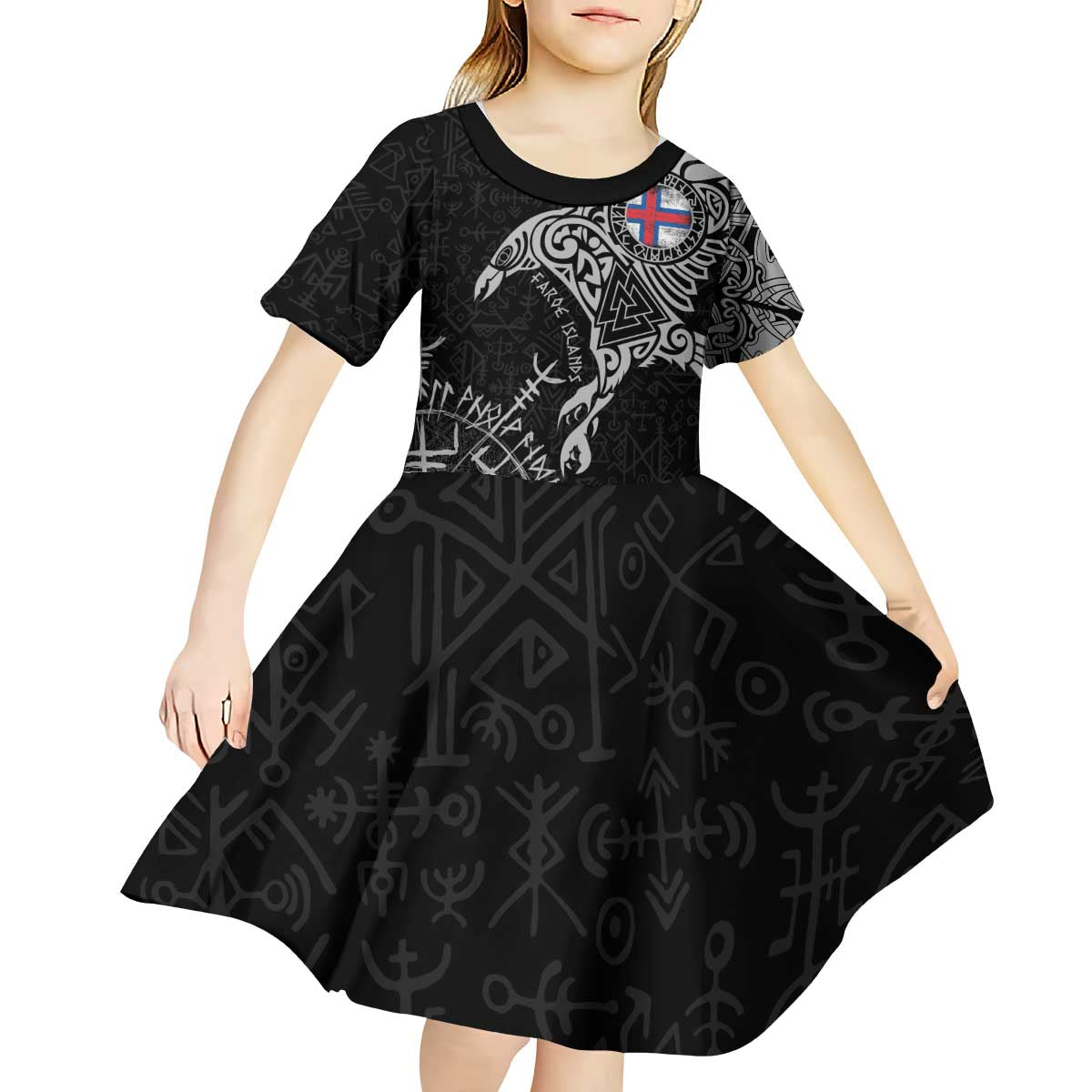 Faroe Islands Viking Ravens Kid Short Sleeve Dress Vegvisir Runes Pattern - Wonder Print Shop