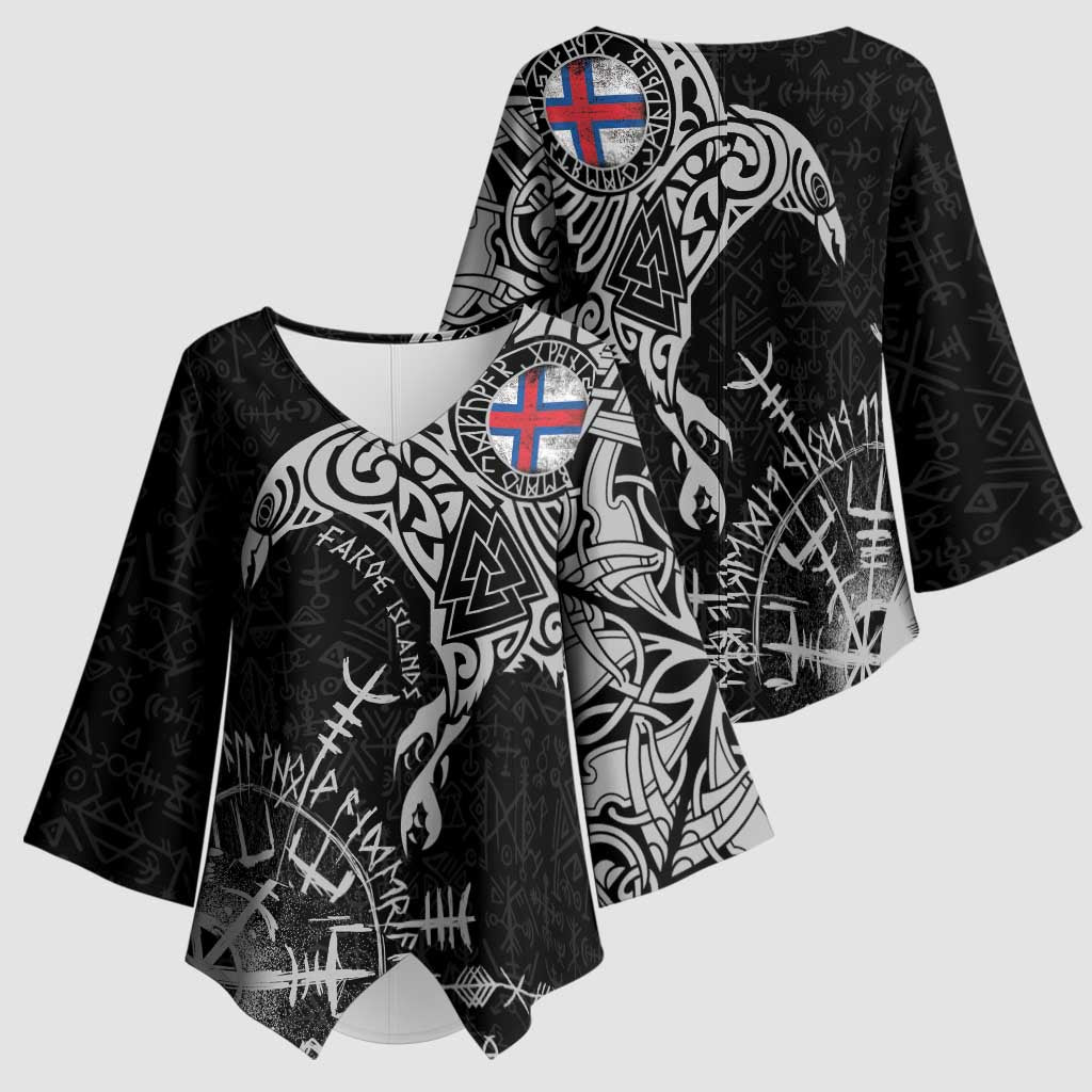 Faroe Islands Viking Ravens Kimono Sleeve Blouse Vegvisir Runes Pattern - Wonder Print Shop