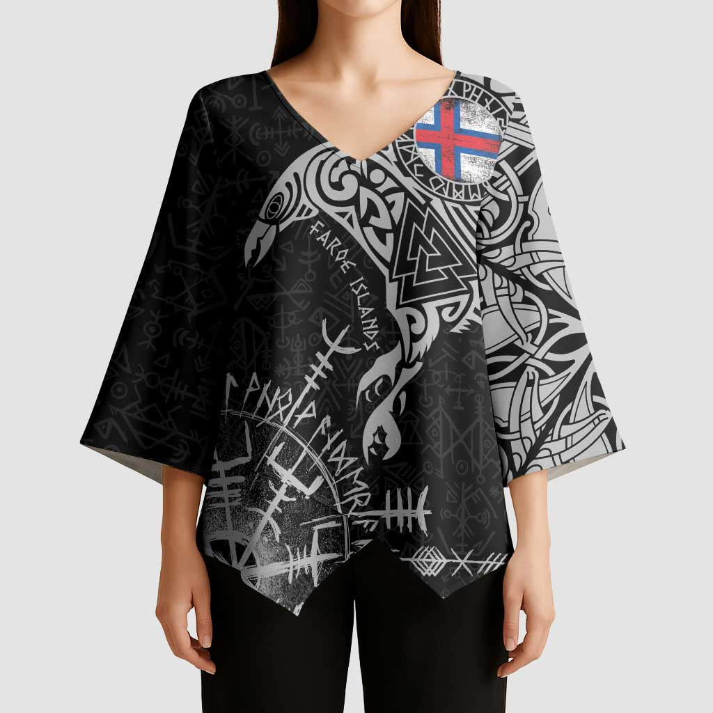 Faroe Islands Viking Ravens Kimono Sleeve Blouse Vegvisir Runes Pattern - Wonder Print Shop