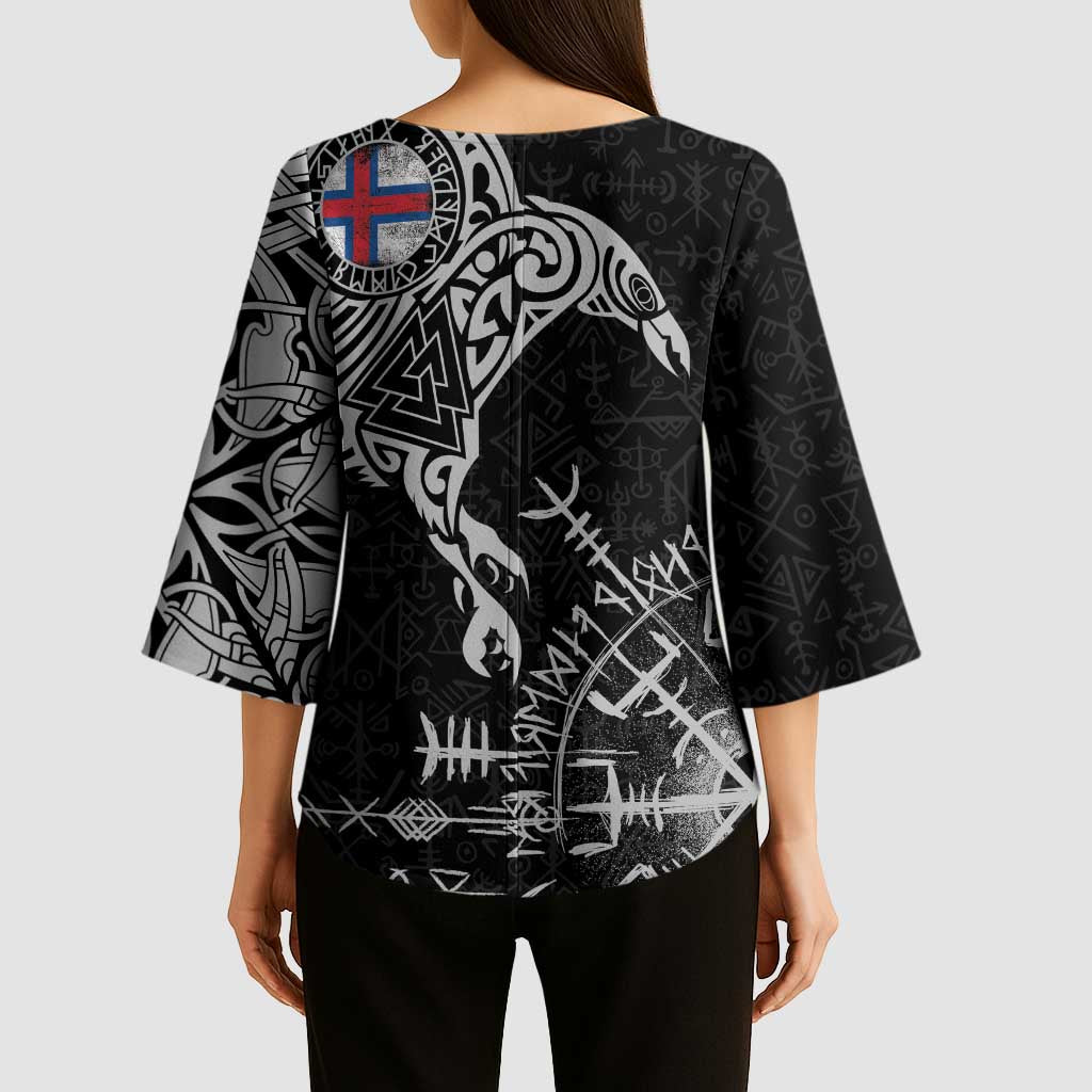 Faroe Islands Viking Ravens Kimono Sleeve Blouse Vegvisir Runes Pattern - Wonder Print Shop