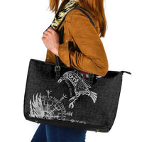 Faroe Islands Viking Ravens Leather Tote Bag Vegvisir Runes Pattern - Wonder Print Shop