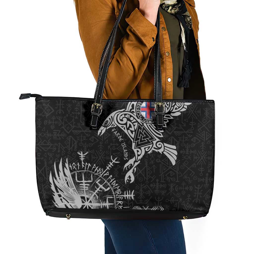 Faroe Islands Viking Ravens Leather Tote Bag Vegvisir Runes Pattern - Wonder Print Shop