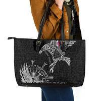 Faroe Islands Viking Ravens Leather Tote Bag Vegvisir Runes Pattern - Wonder Print Shop